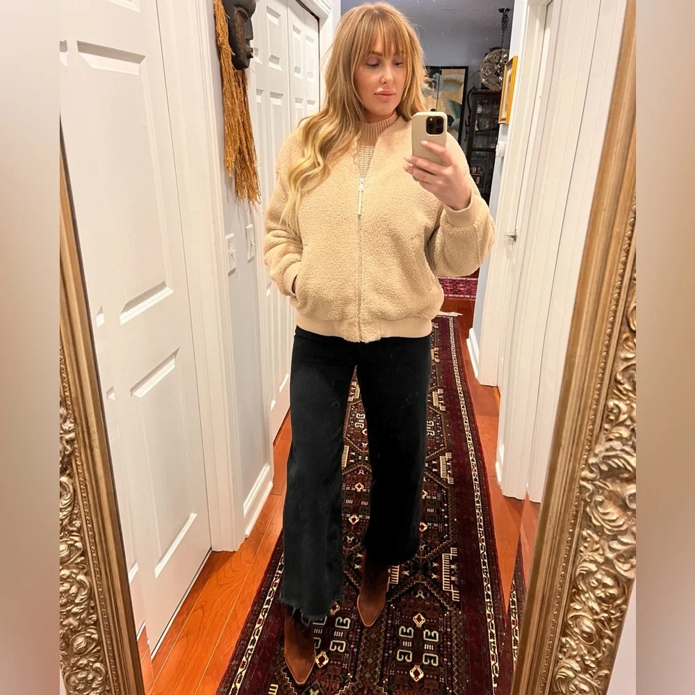 AVEC LES FILLES Cream Faux Fur Teddy Bomber Jacket